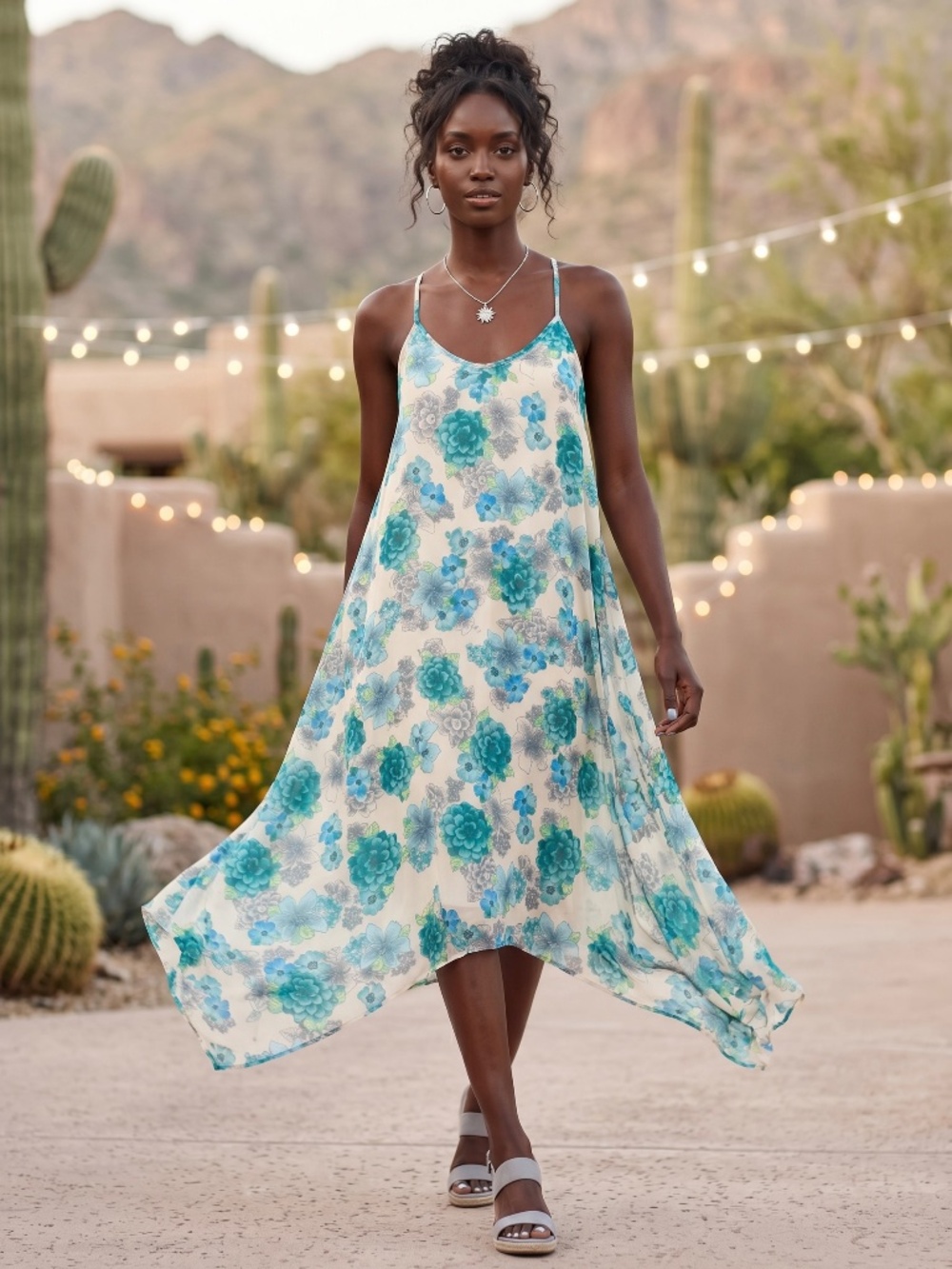 Lovestitch White Blue Floral Asymmetrical Midi Dress | Flowy Handkerchief Hem - Picture 2 of 6